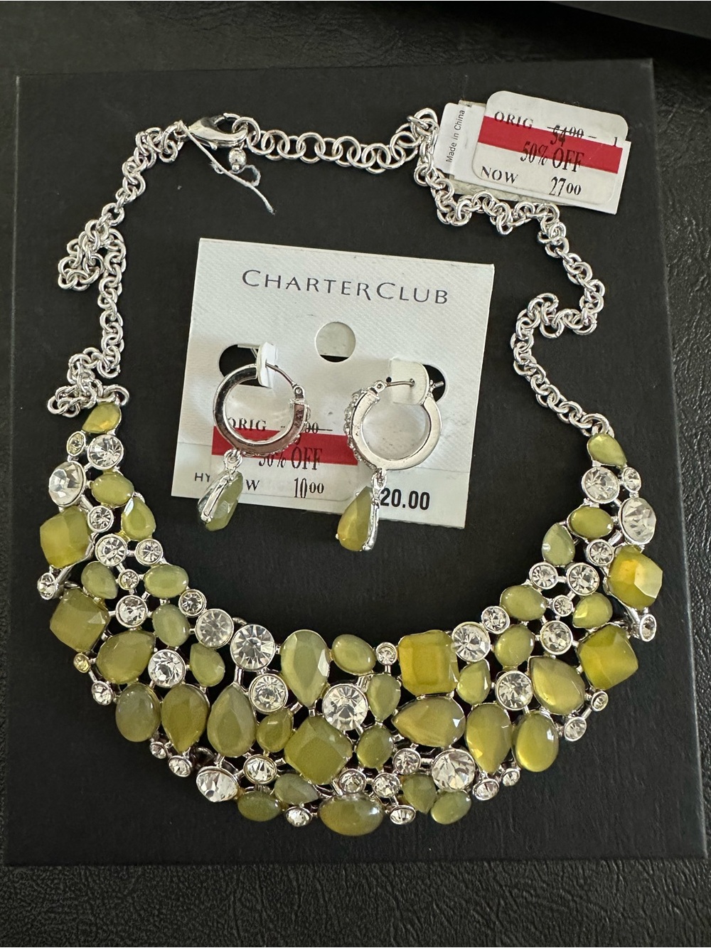 Charter Club Lime Green Statement Necklace with Matching Drop Earrings